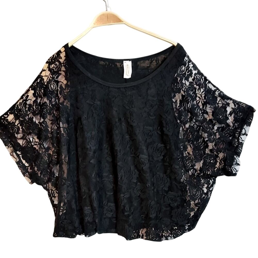 Discreet Black Lace Batwing Half Sleeves Round Neck Lined Shirt Blouse Top Large
